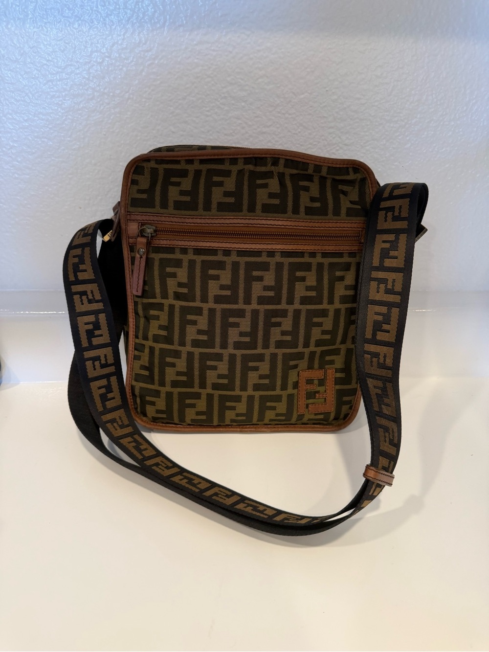 Fendi Vintage Zucca FF Monogram Messenger Bag Brown Tobacco Italy UNISEX